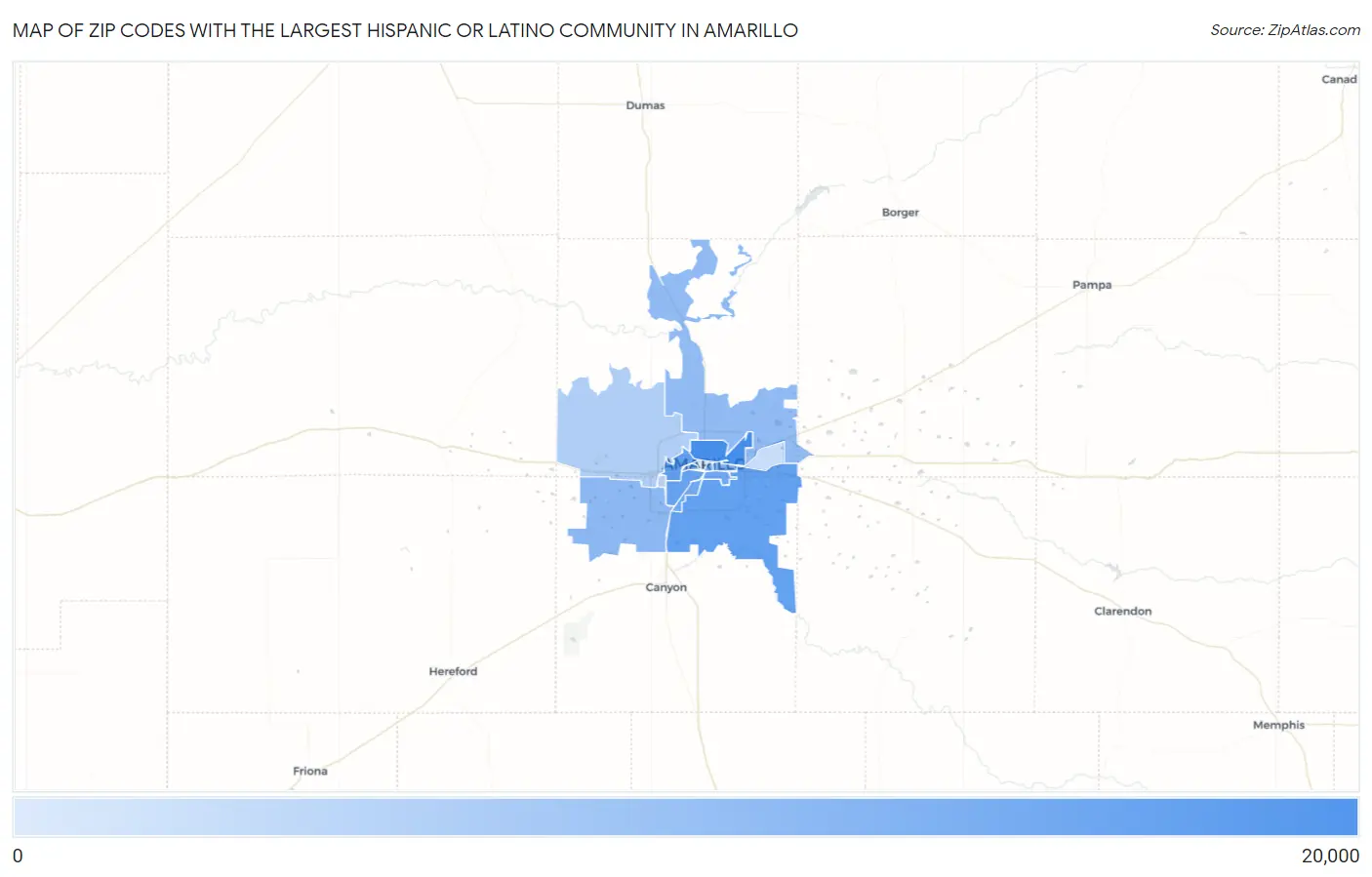 Zip Codes with the Largest Hispanic or Latino Community in Amarillo Map
