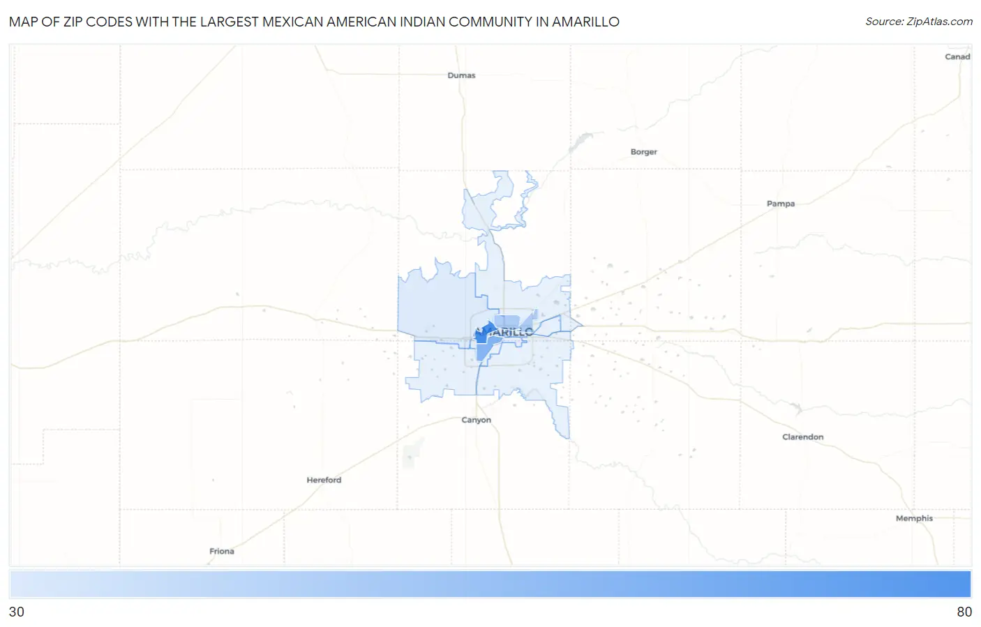 Zip Codes with the Largest Mexican American Indian Community in Amarillo Map