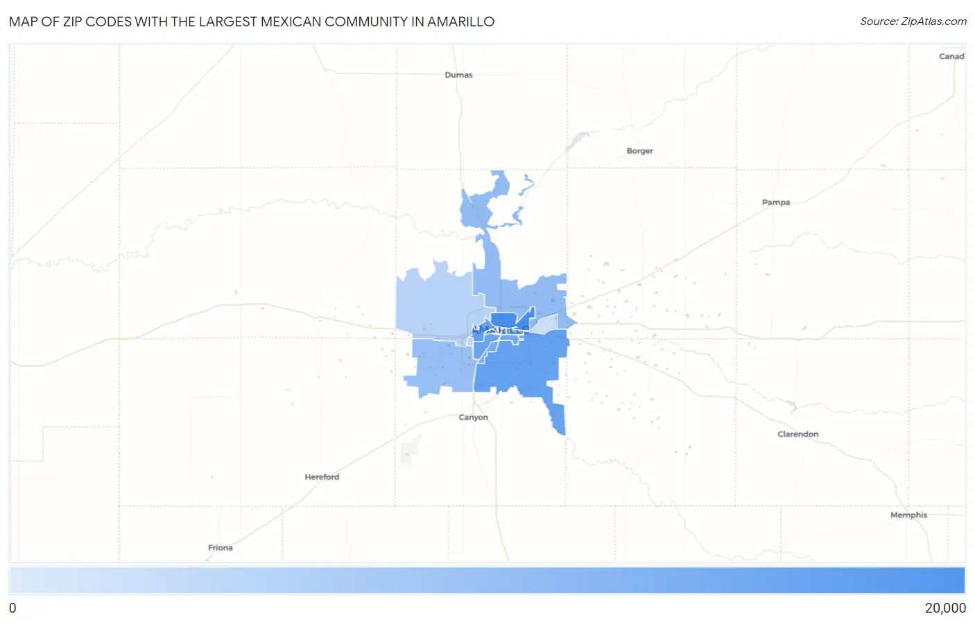 Zip Codes with the Largest Mexican Community in Amarillo Map