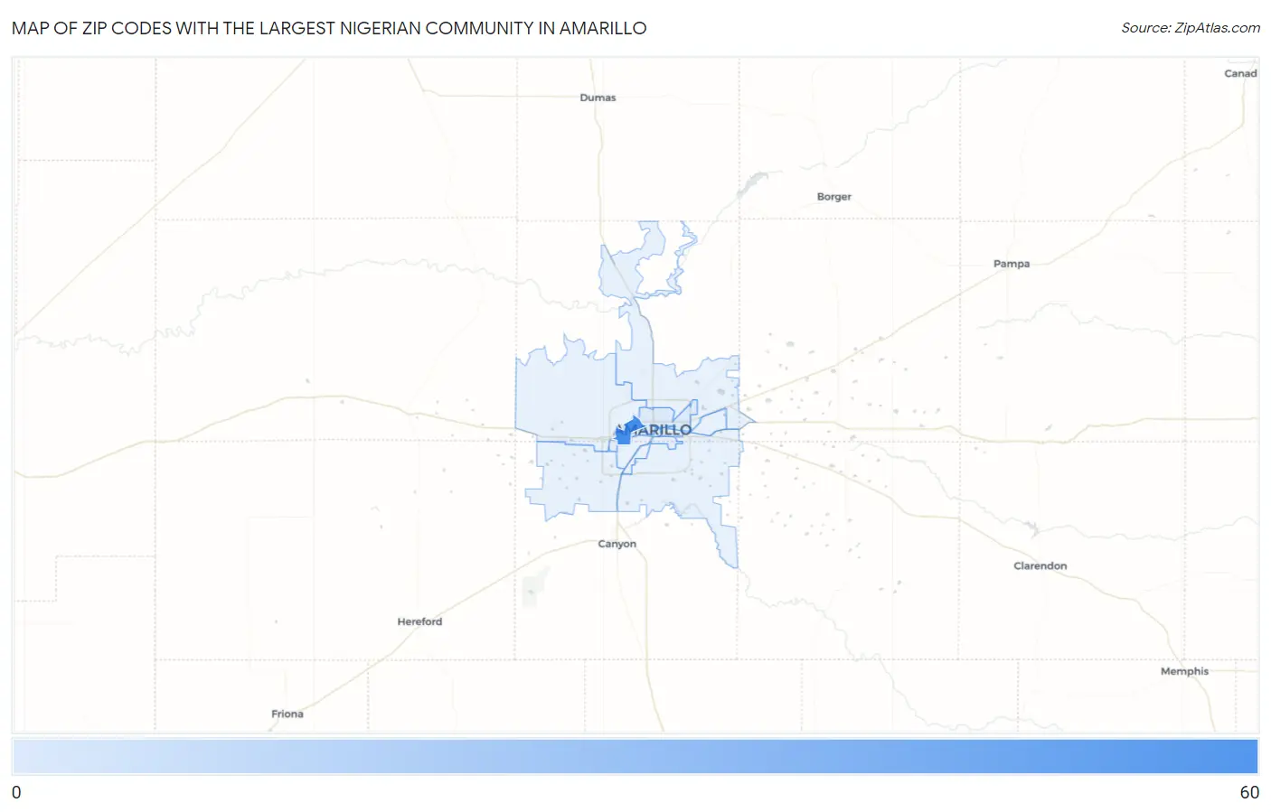 Zip Codes with the Largest Nigerian Community in Amarillo Map