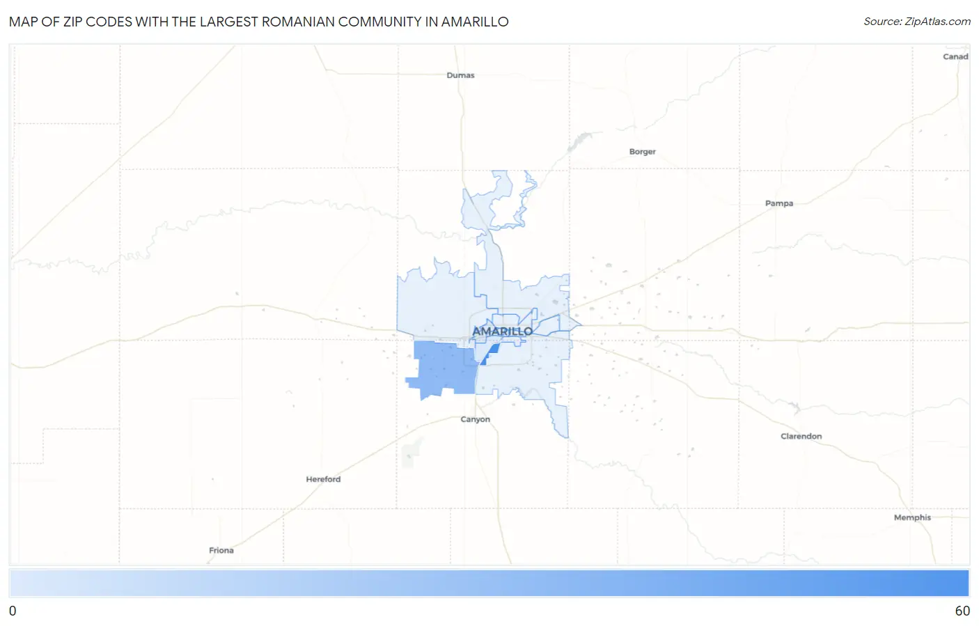 Zip Codes with the Largest Romanian Community in Amarillo Map