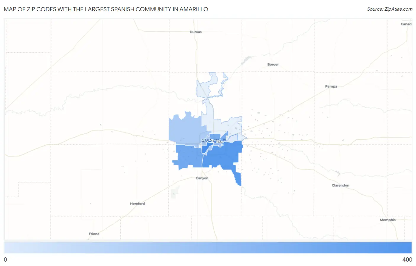 Zip Codes with the Largest Spanish Community in Amarillo Map