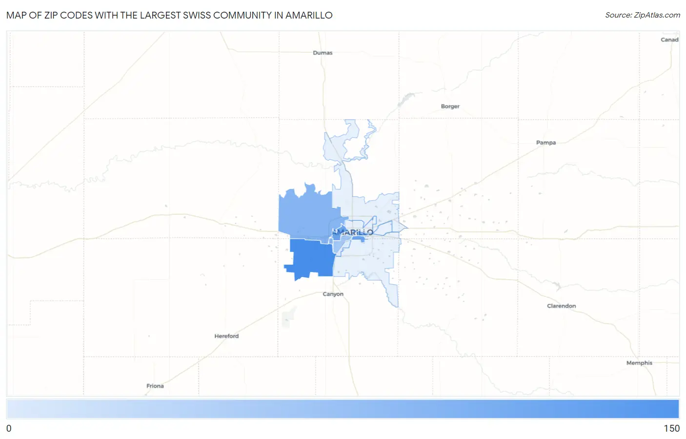 Zip Codes with the Largest Swiss Community in Amarillo Map