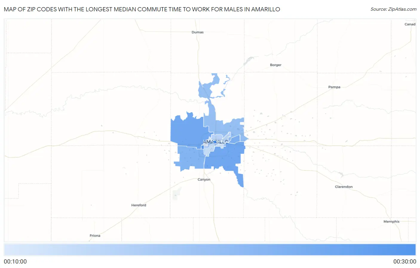 Zip Codes with the Longest Median Commute Time to Work for Males in Amarillo Map