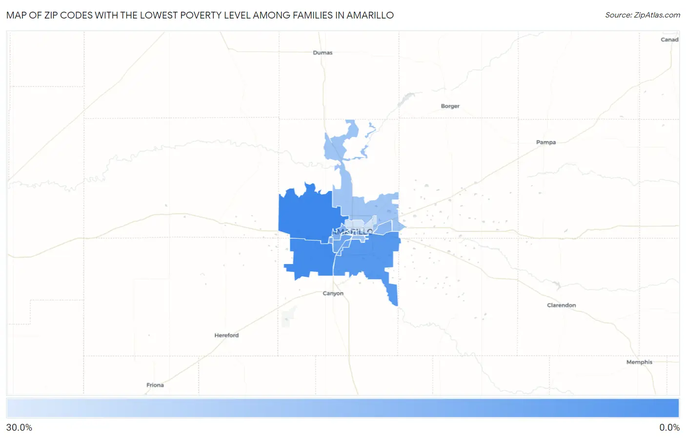 Zip Codes with the Lowest Poverty Level Among Families in Amarillo Map