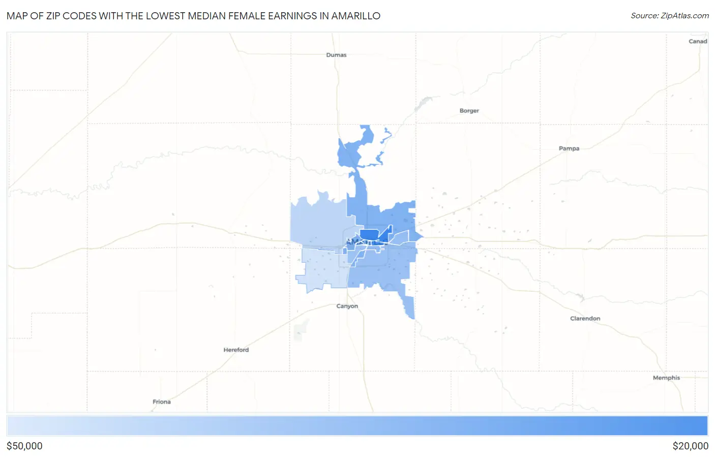 Zip Codes with the Lowest Median Female Earnings in Amarillo Map