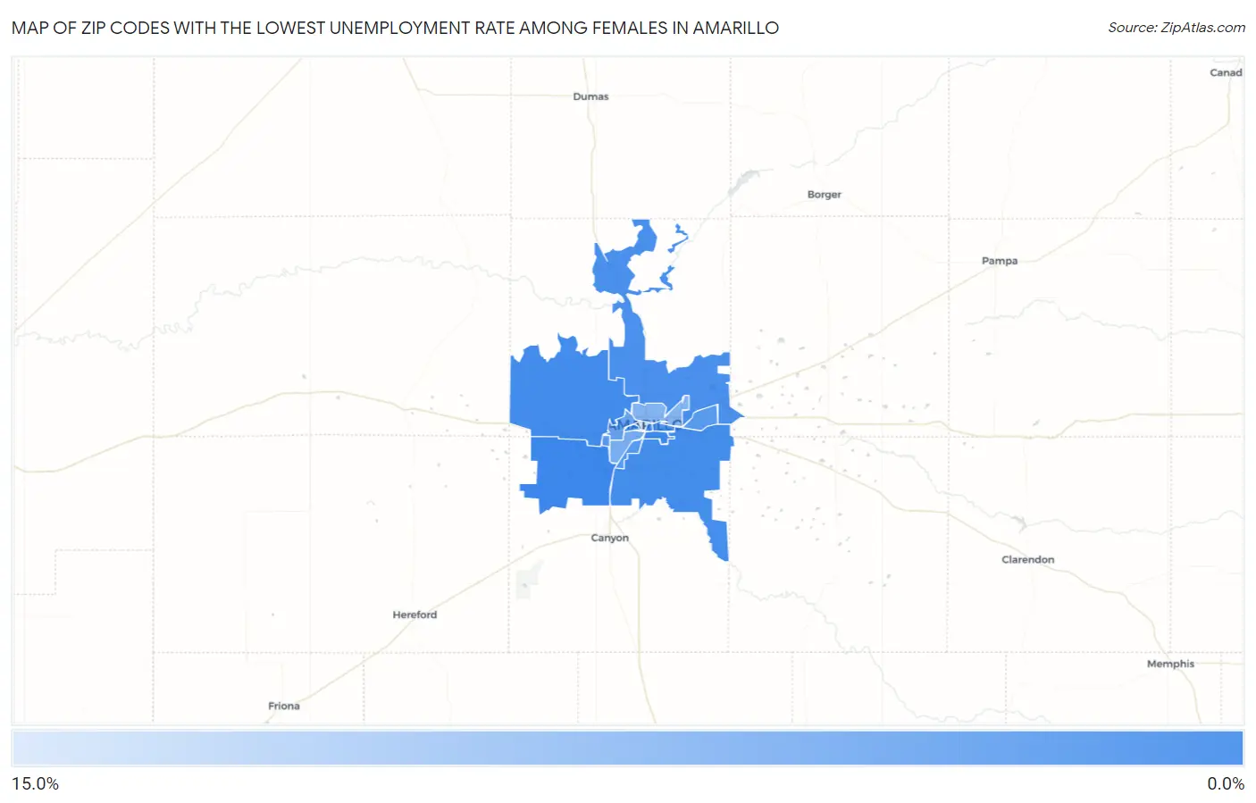 Zip Codes with the Lowest Unemployment Rate Among Females in Amarillo Map
