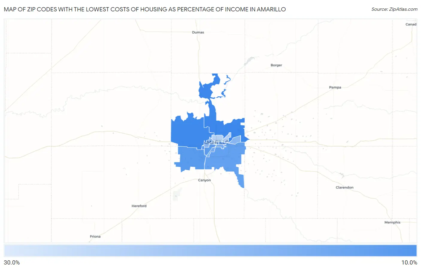 Zip Codes with the Lowest Costs of Housing as Percentage of Income in Amarillo Map