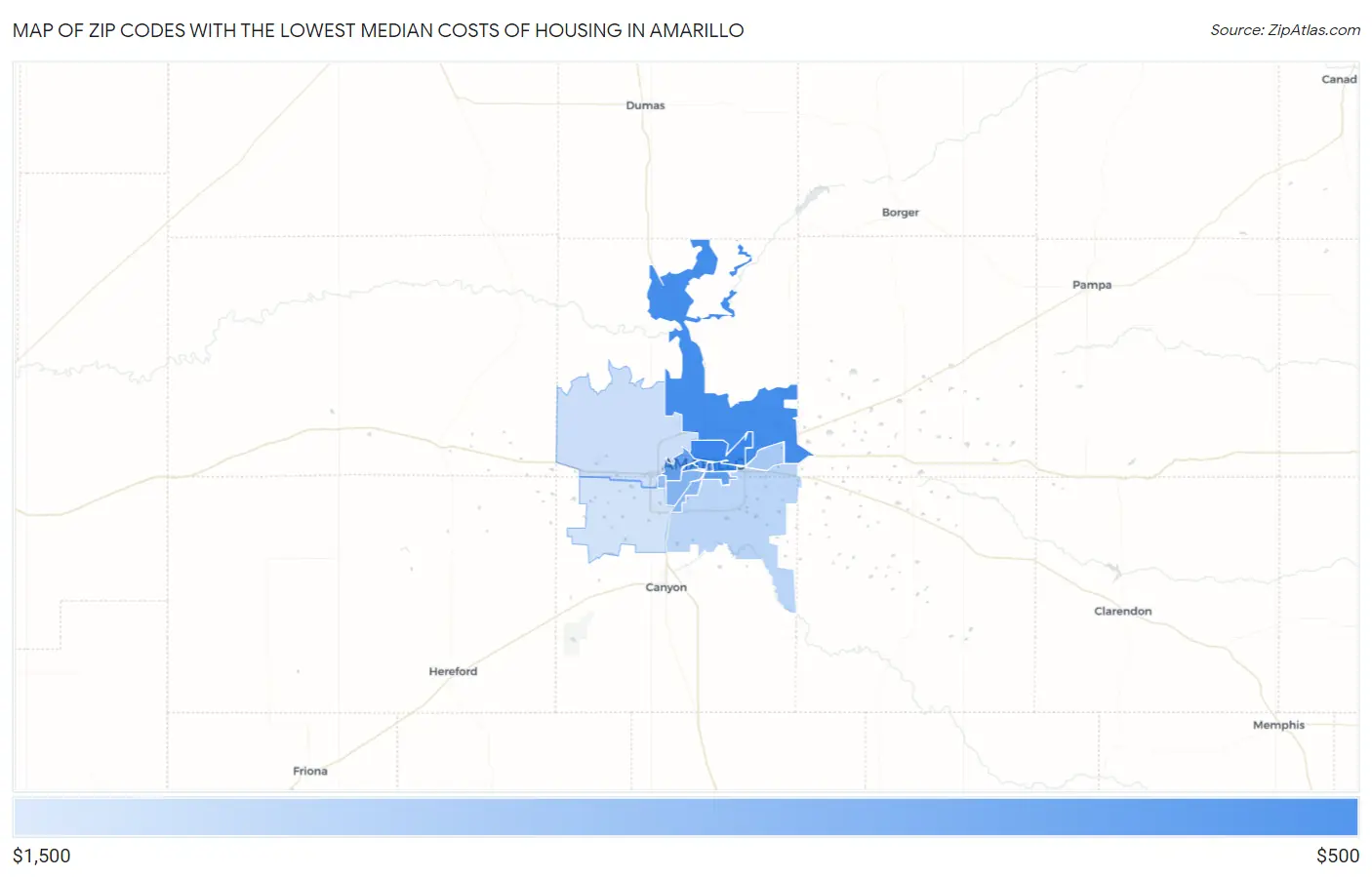 Zip Codes with the Lowest Median Costs of Housing in Amarillo Map
