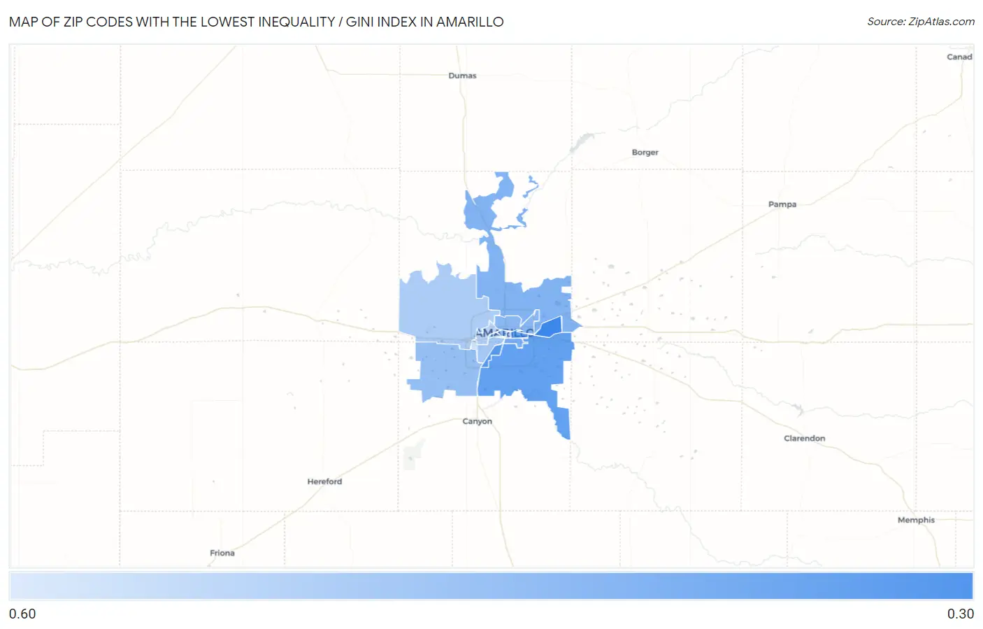 Zip Codes with the Lowest Inequality / Gini Index in Amarillo Map