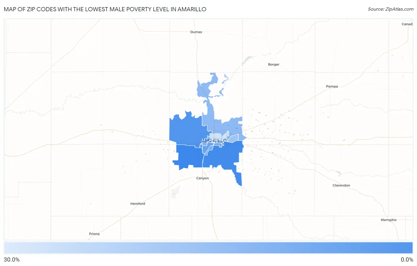 Zip Codes with the Lowest Male Poverty Level in Amarillo Map