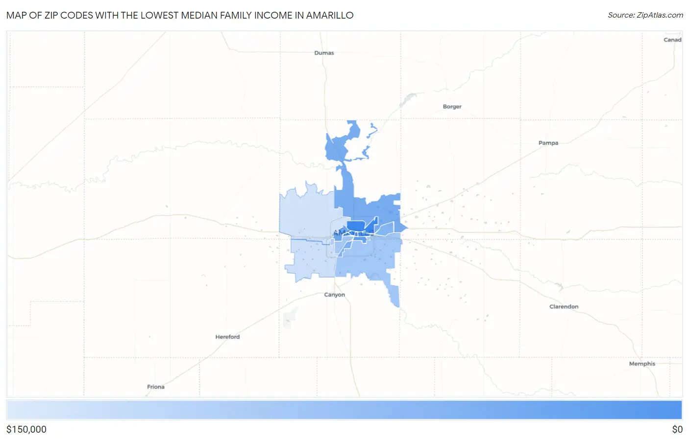 Zip Codes with the Lowest Median Family Income in Amarillo Map