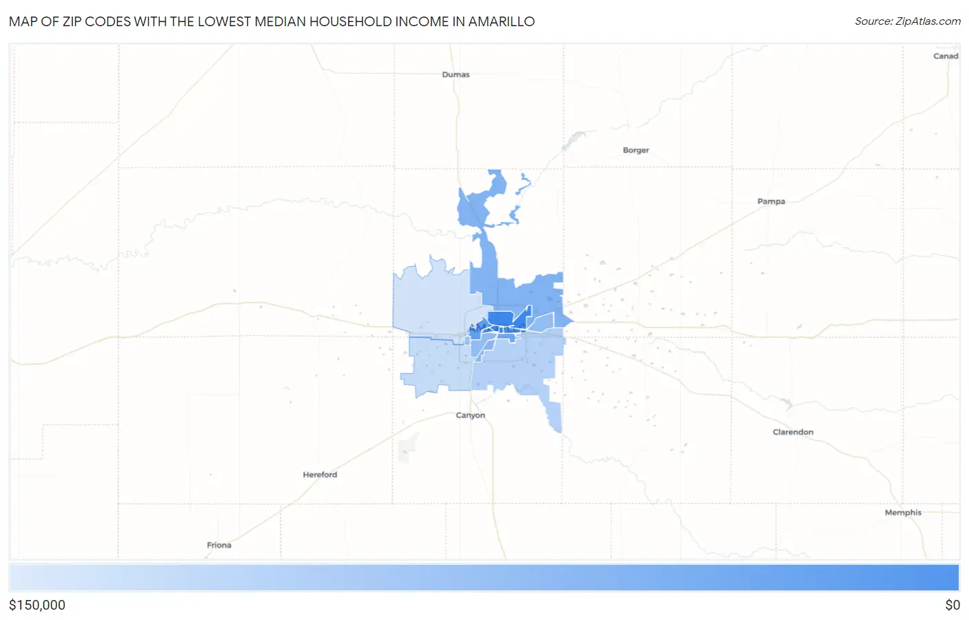 Zip Codes with the Lowest Median Household Income in Amarillo Map