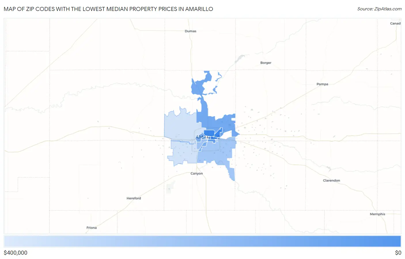 Zip Codes with the Lowest Median Property Prices in Amarillo Map