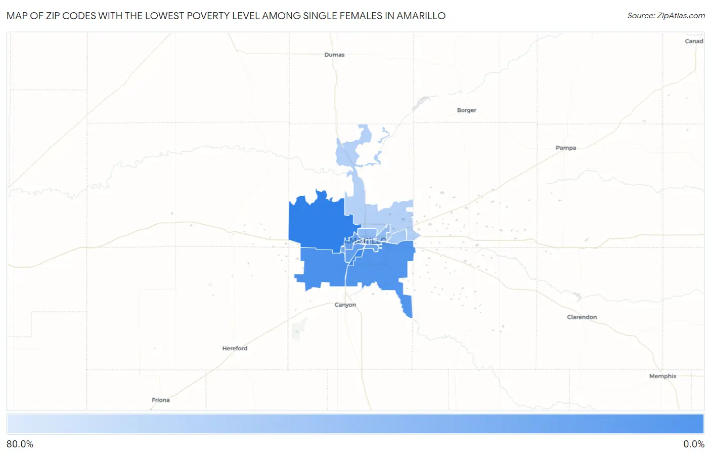 Zip Codes with the Lowest Poverty Level Among Single Females in Amarillo Map