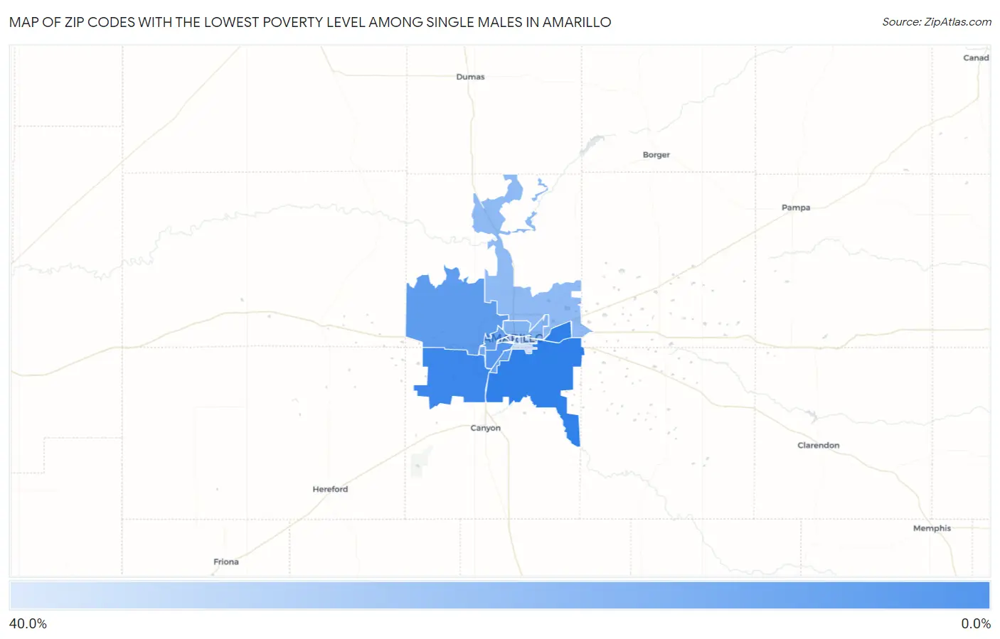 Zip Codes with the Lowest Poverty Level Among Single Males in Amarillo Map