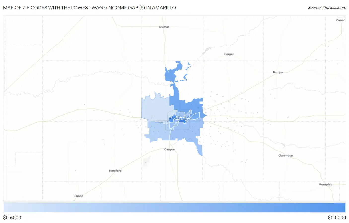 Zip Codes with the Lowest Wage/Income Gap ($) in Amarillo Map