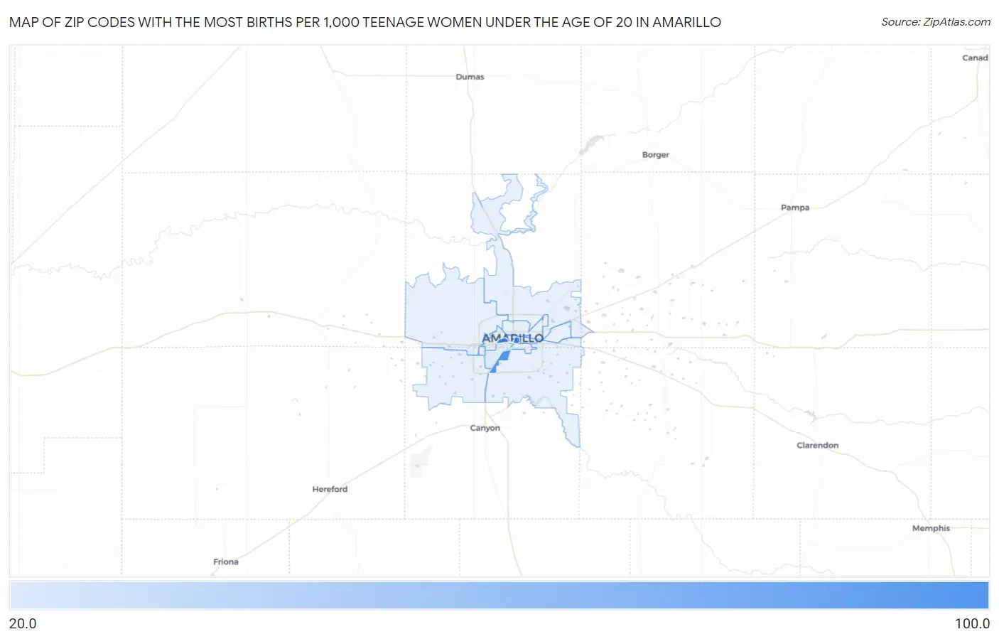 Zip Codes with the Most Births per 1,000 Teenage Women Under the Age of 20 in Amarillo Map
