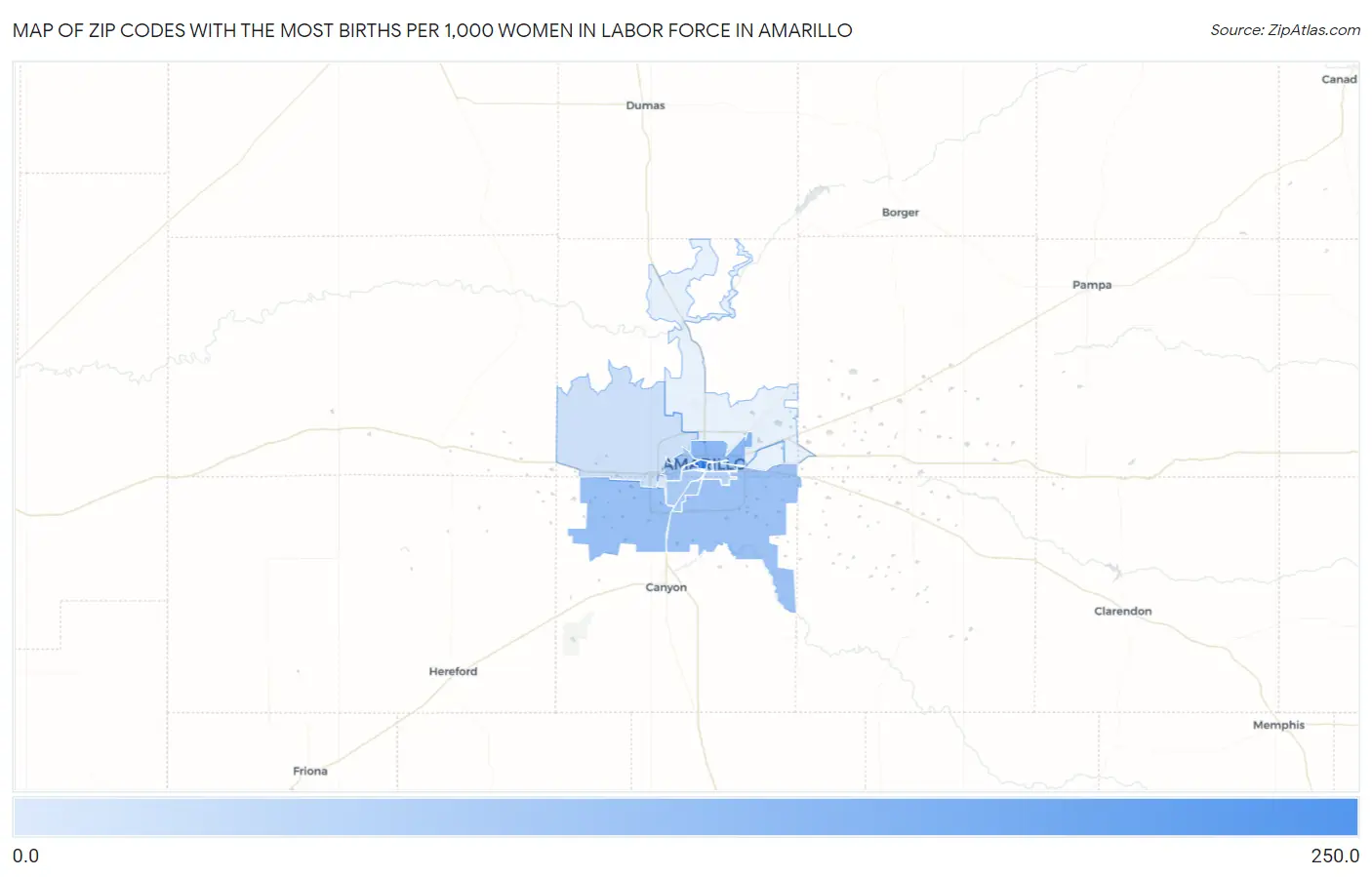 Zip Codes with the Most Births per 1,000 Women in Labor Force in Amarillo Map