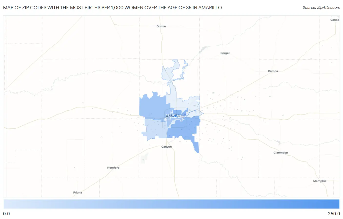 Zip Codes with the Most Births per 1,000 Women Over the Age of 35 in Amarillo Map