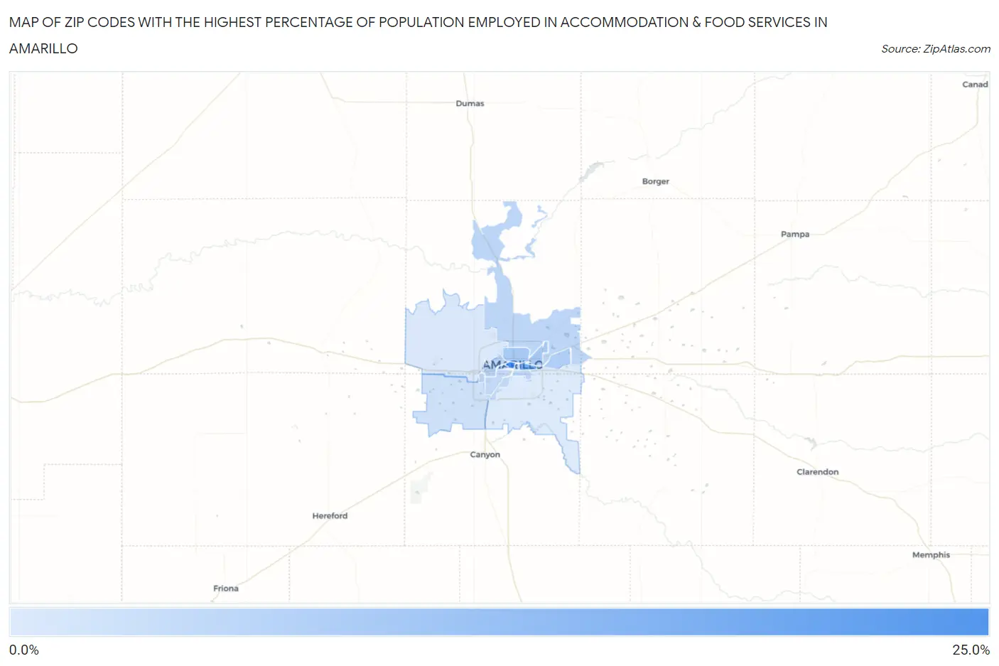 Zip Codes with the Highest Percentage of Population Employed in Accommodation & Food Services in Amarillo Map