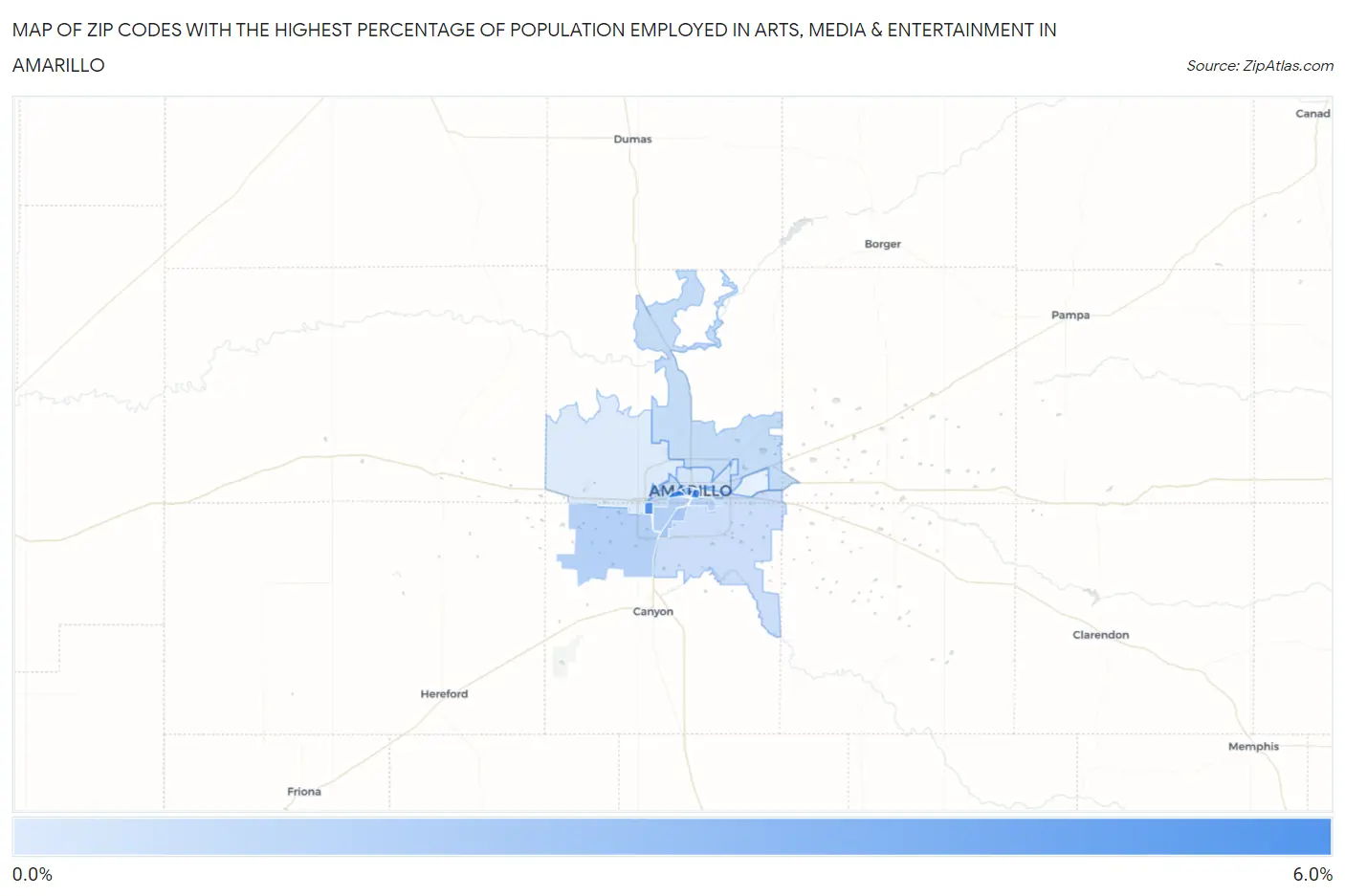 Zip Codes with the Highest Percentage of Population Employed in Arts, Media & Entertainment in Amarillo Map