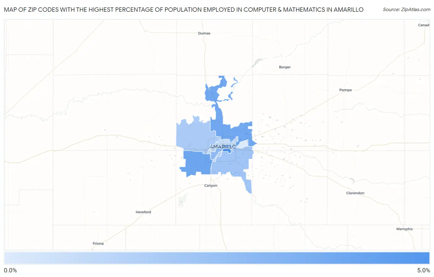 Zip Codes with the Highest Percentage of Population Employed in Computer & Mathematics in Amarillo Map