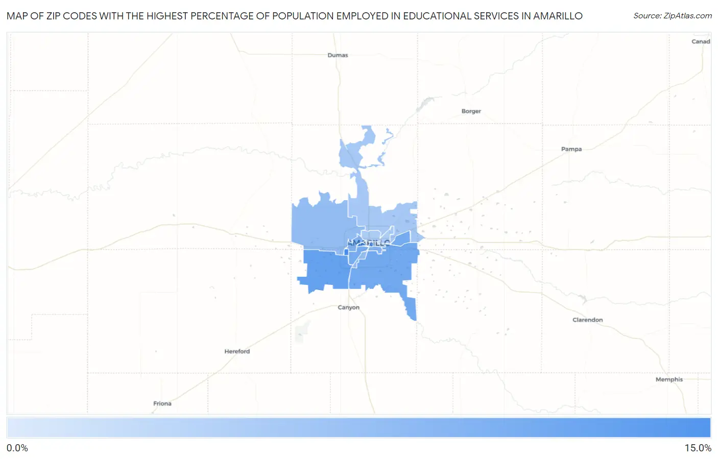 Zip Codes with the Highest Percentage of Population Employed in Educational Services in Amarillo Map