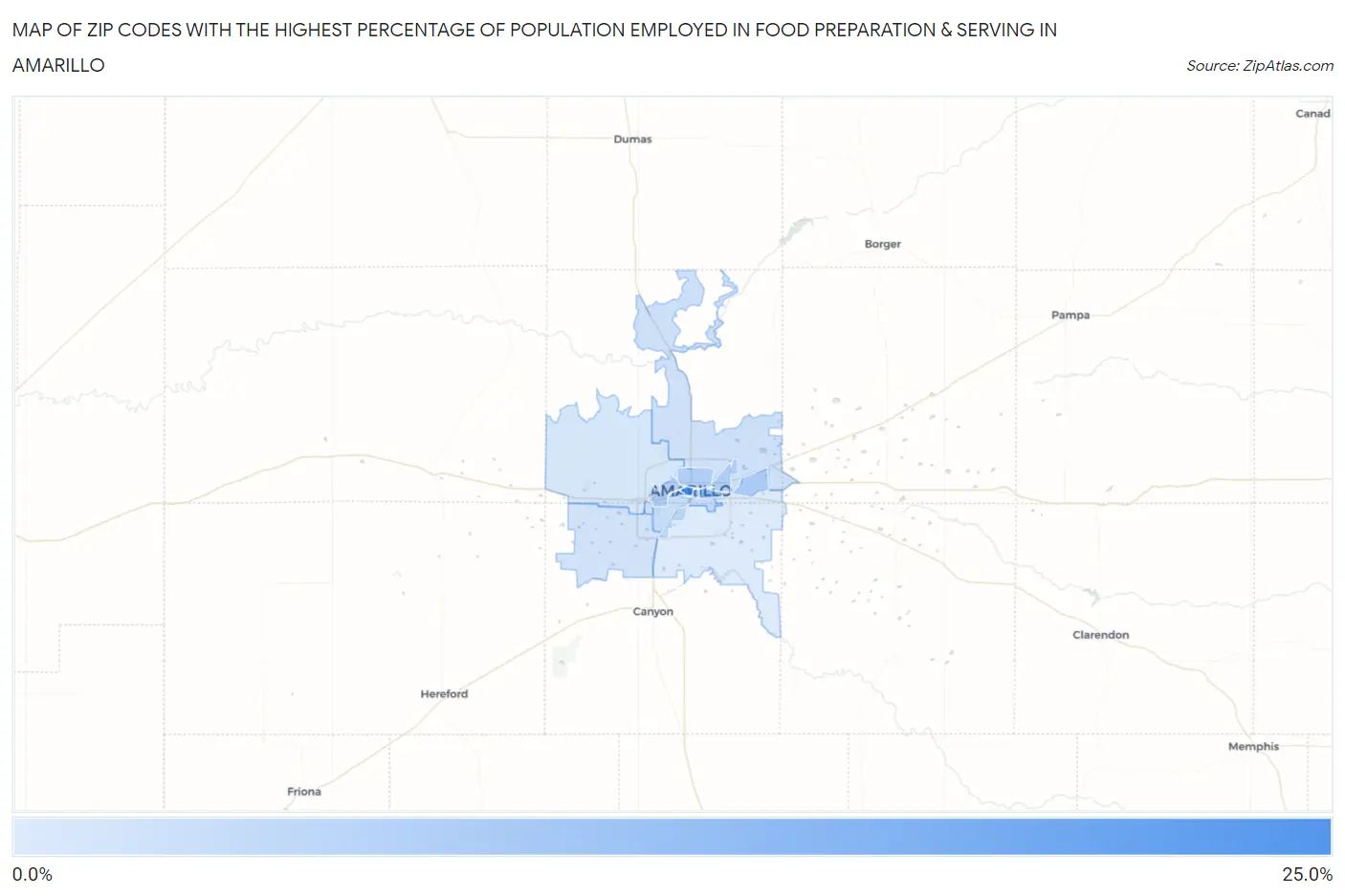 Zip Codes with the Highest Percentage of Population Employed in Food Preparation & Serving in Amarillo Map