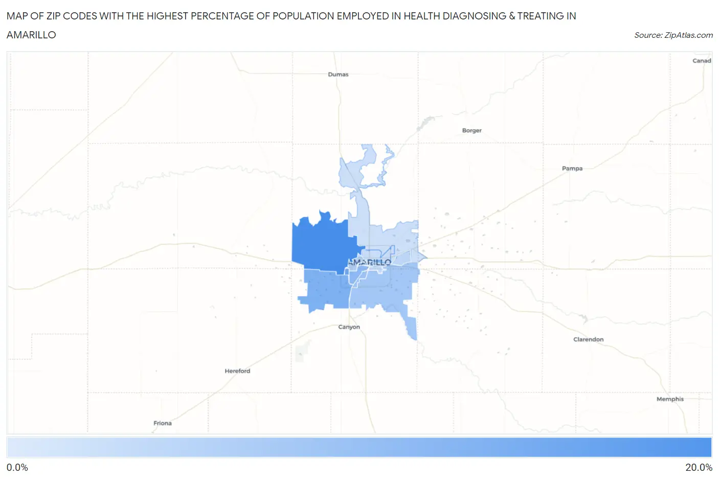 Zip Codes with the Highest Percentage of Population Employed in Health Diagnosing & Treating in Amarillo Map