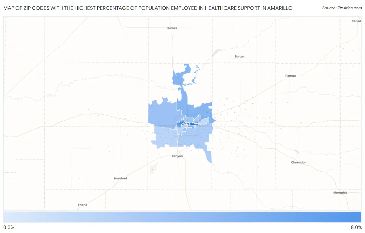 Zip Codes with the Highest Percentage of Population Employed in Healthcare Support in Amarillo Map