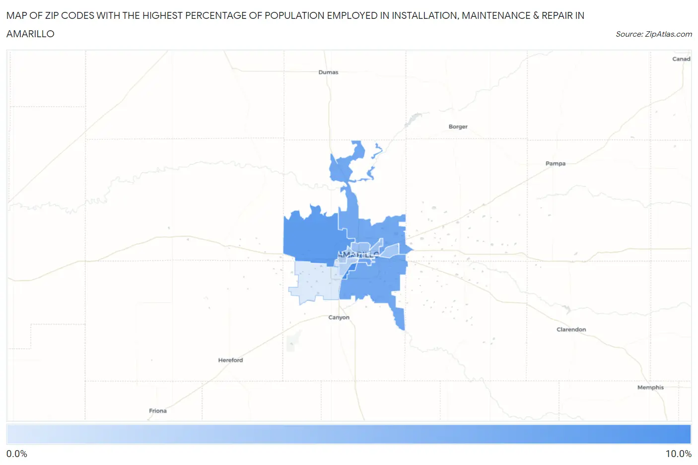 Zip Codes with the Highest Percentage of Population Employed in Installation, Maintenance & Repair in Amarillo Map