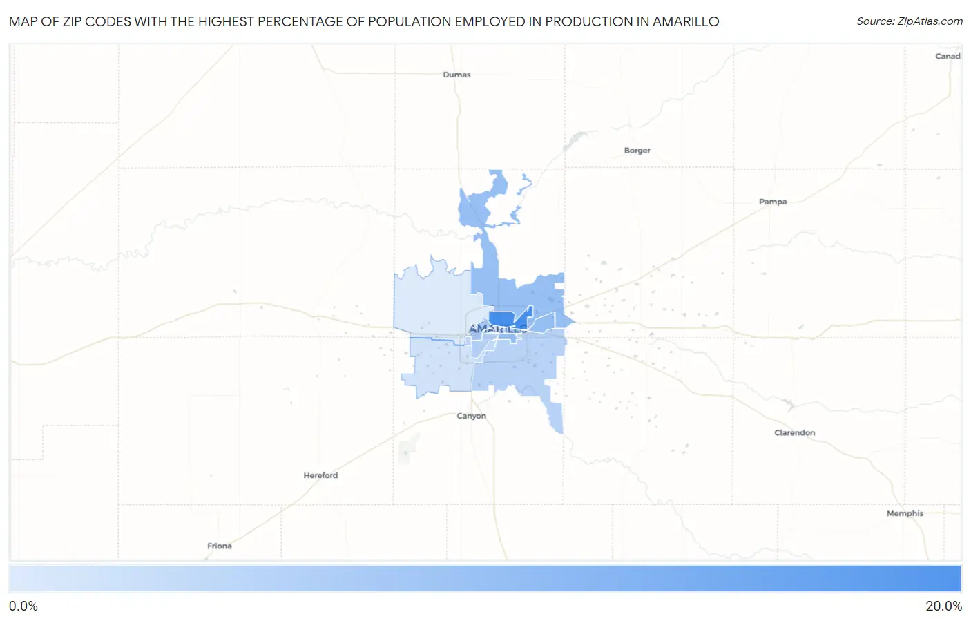Zip Codes with the Highest Percentage of Population Employed in Production in Amarillo Map