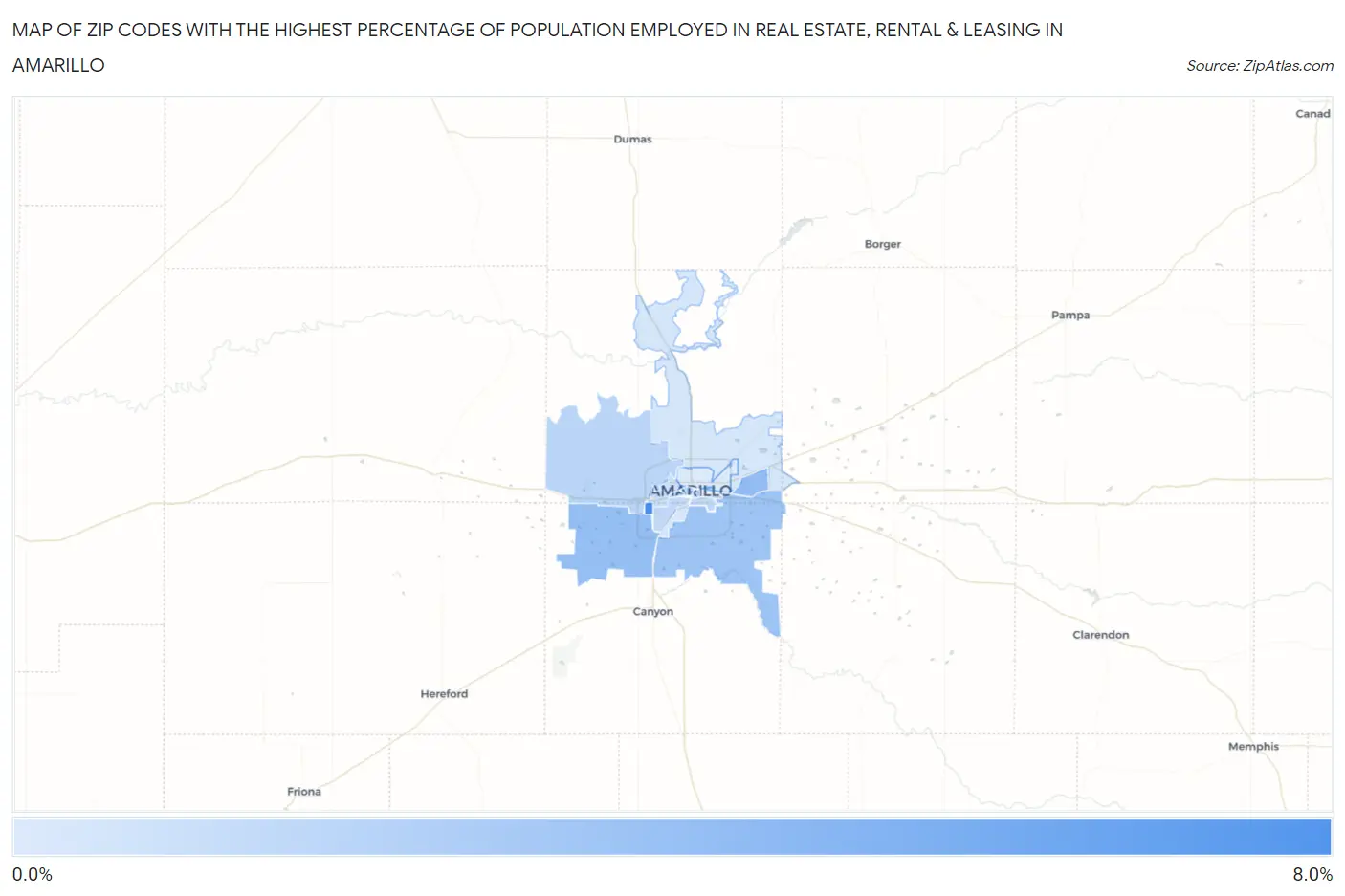 Zip Codes with the Highest Percentage of Population Employed in Real Estate, Rental & Leasing in Amarillo Map