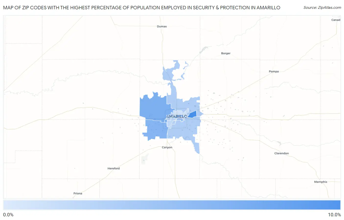 Zip Codes with the Highest Percentage of Population Employed in Security & Protection in Amarillo Map