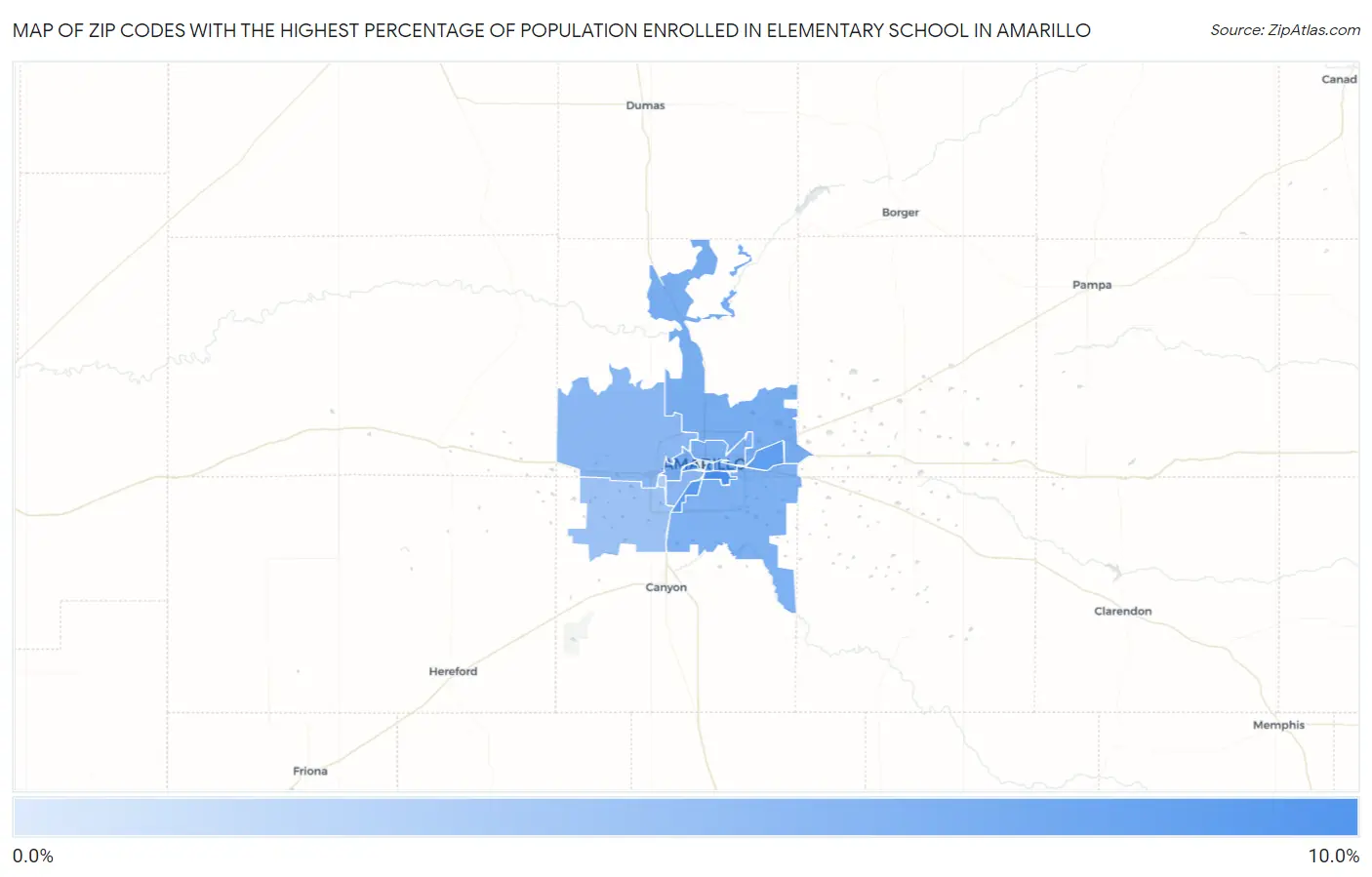 Zip Codes with the Highest Percentage of Population Enrolled in Elementary School in Amarillo Map