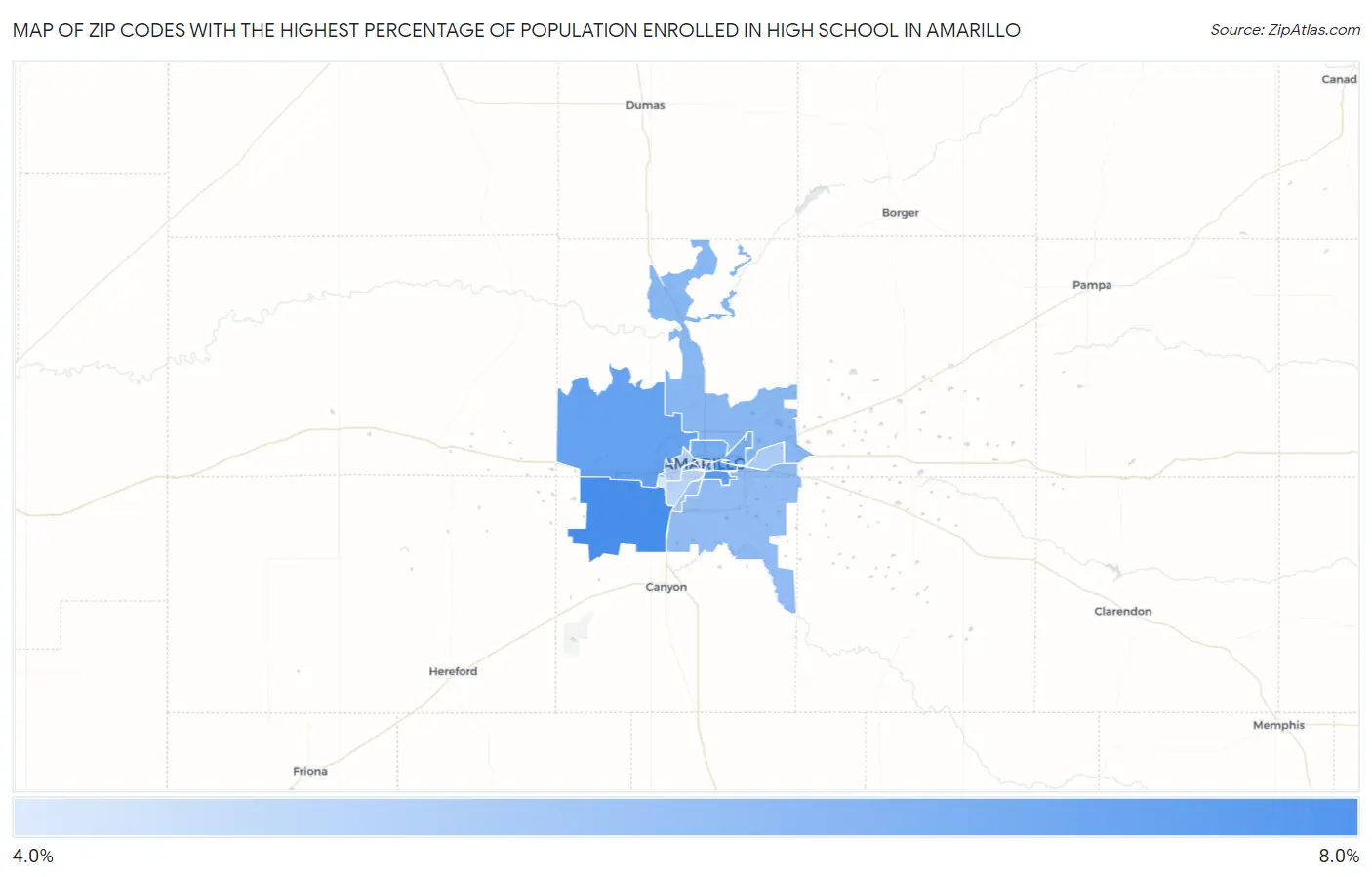 Zip Codes with the Highest Percentage of Population Enrolled in High School in Amarillo Map