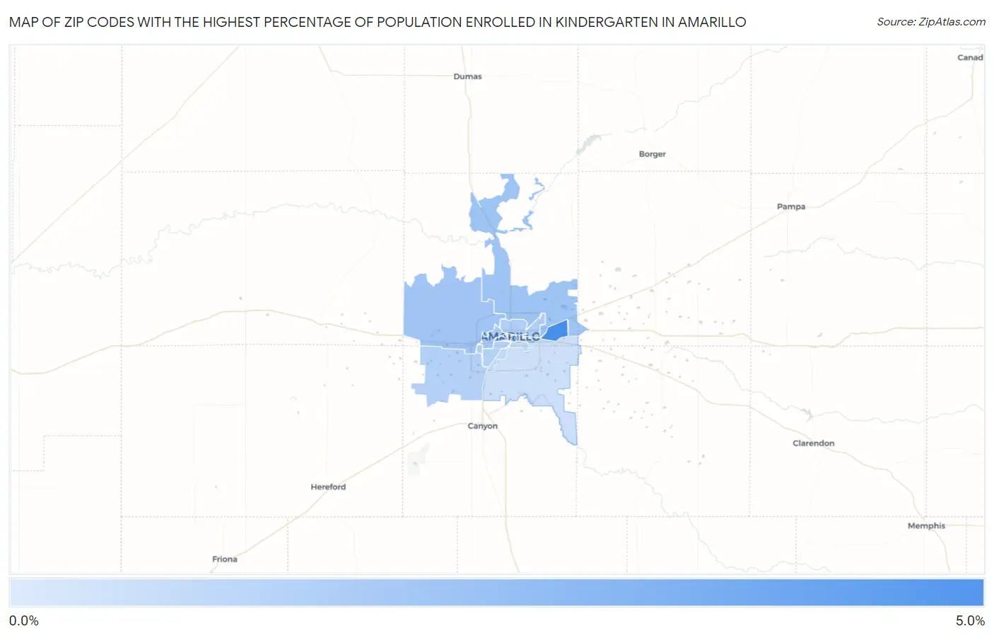 Zip Codes with the Highest Percentage of Population Enrolled in Kindergarten in Amarillo Map
