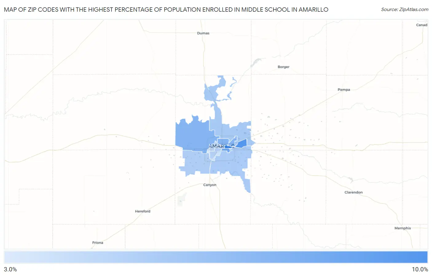Zip Codes with the Highest Percentage of Population Enrolled in Middle School in Amarillo Map