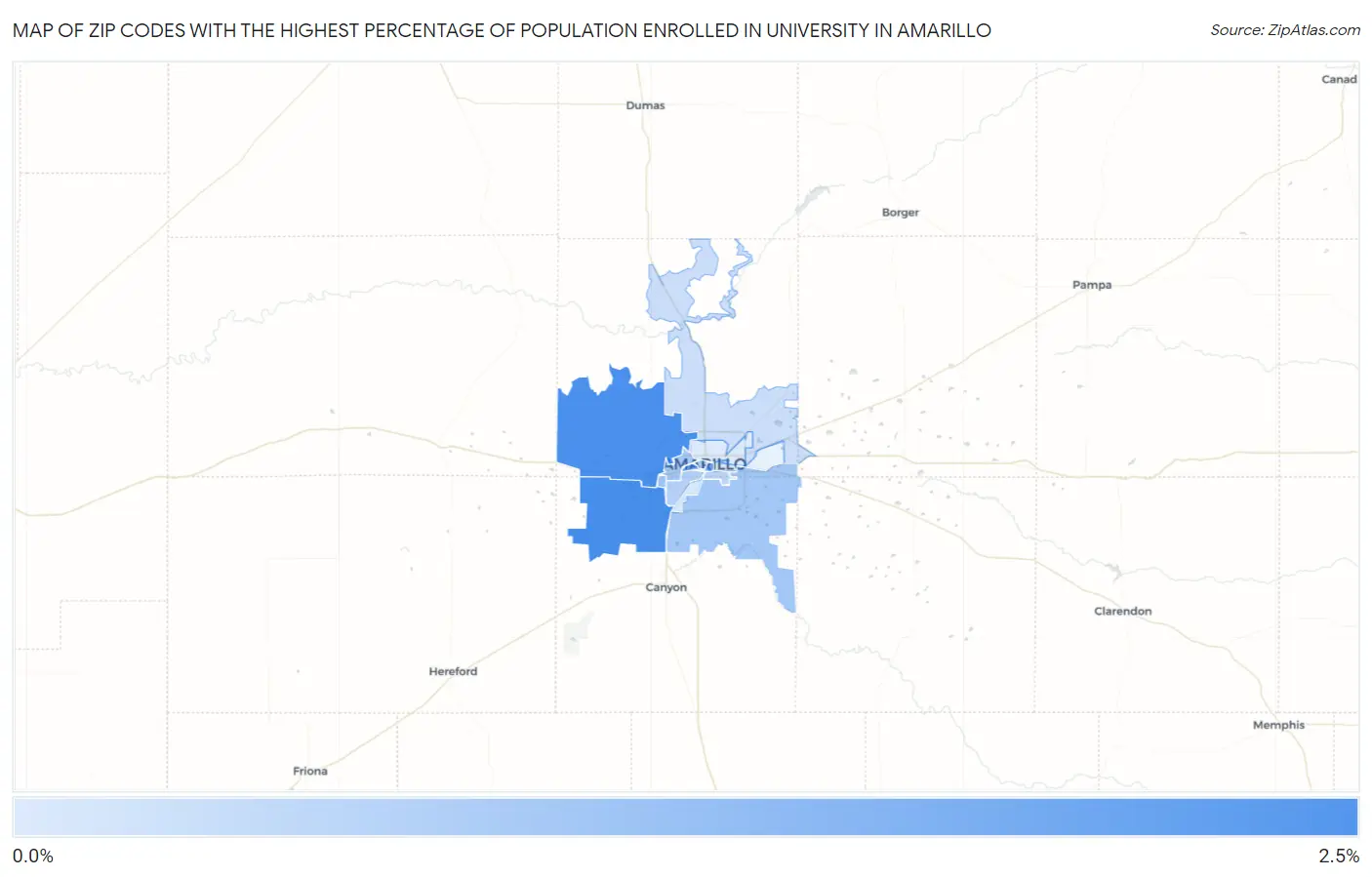 Zip Codes with the Highest Percentage of Population Enrolled in University in Amarillo Map