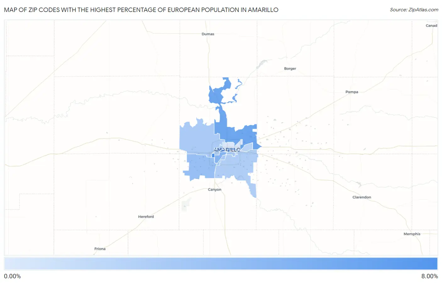 Zip Codes with the Highest Percentage of European Population in Amarillo Map