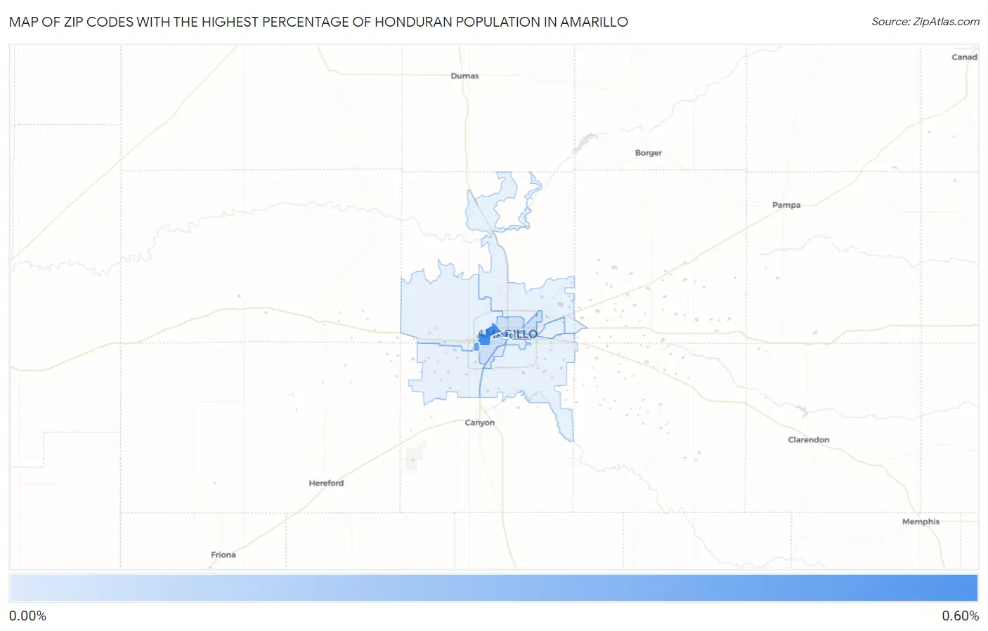 Zip Codes with the Highest Percentage of Honduran Population in Amarillo Map