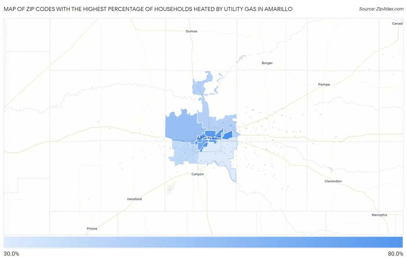 Zip Codes with the Highest Percentage of Households Heated by Utility Gas in Amarillo Map