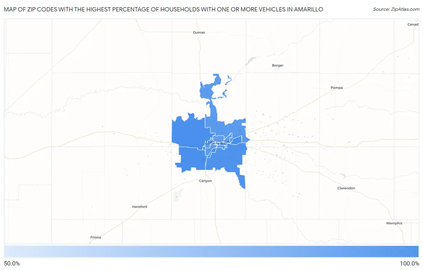 Zip Codes with the Highest Percentage of Households With One or more Vehicles in Amarillo Map