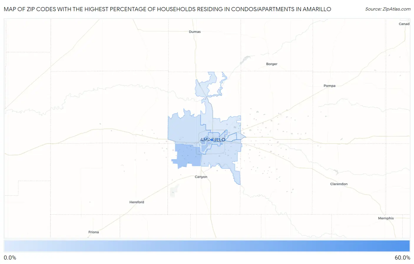 Zip Codes with the Highest Percentage of Households Residing in Condos/Apartments in Amarillo Map