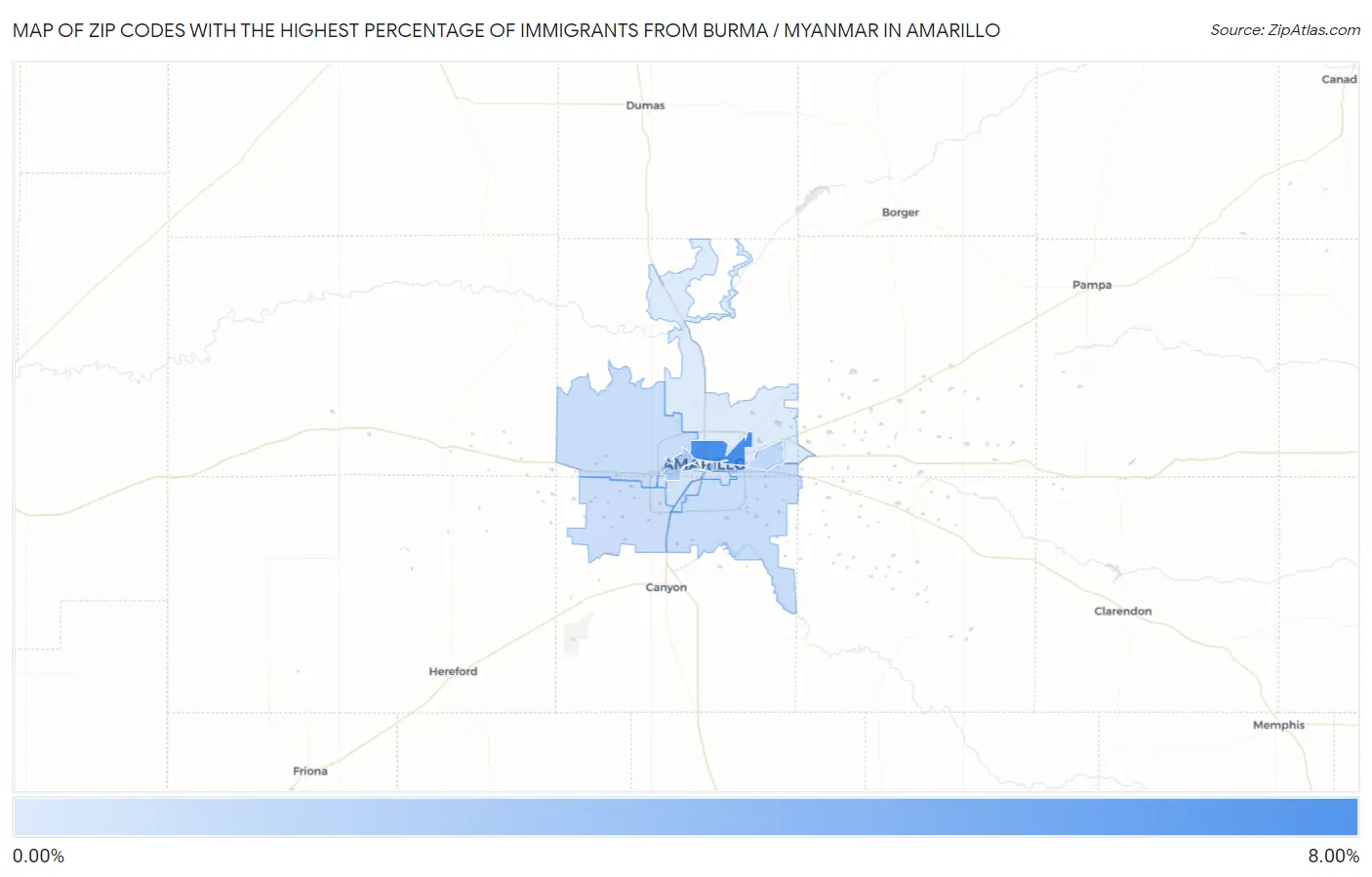 Zip Codes with the Highest Percentage of Immigrants from Burma / Myanmar in Amarillo Map