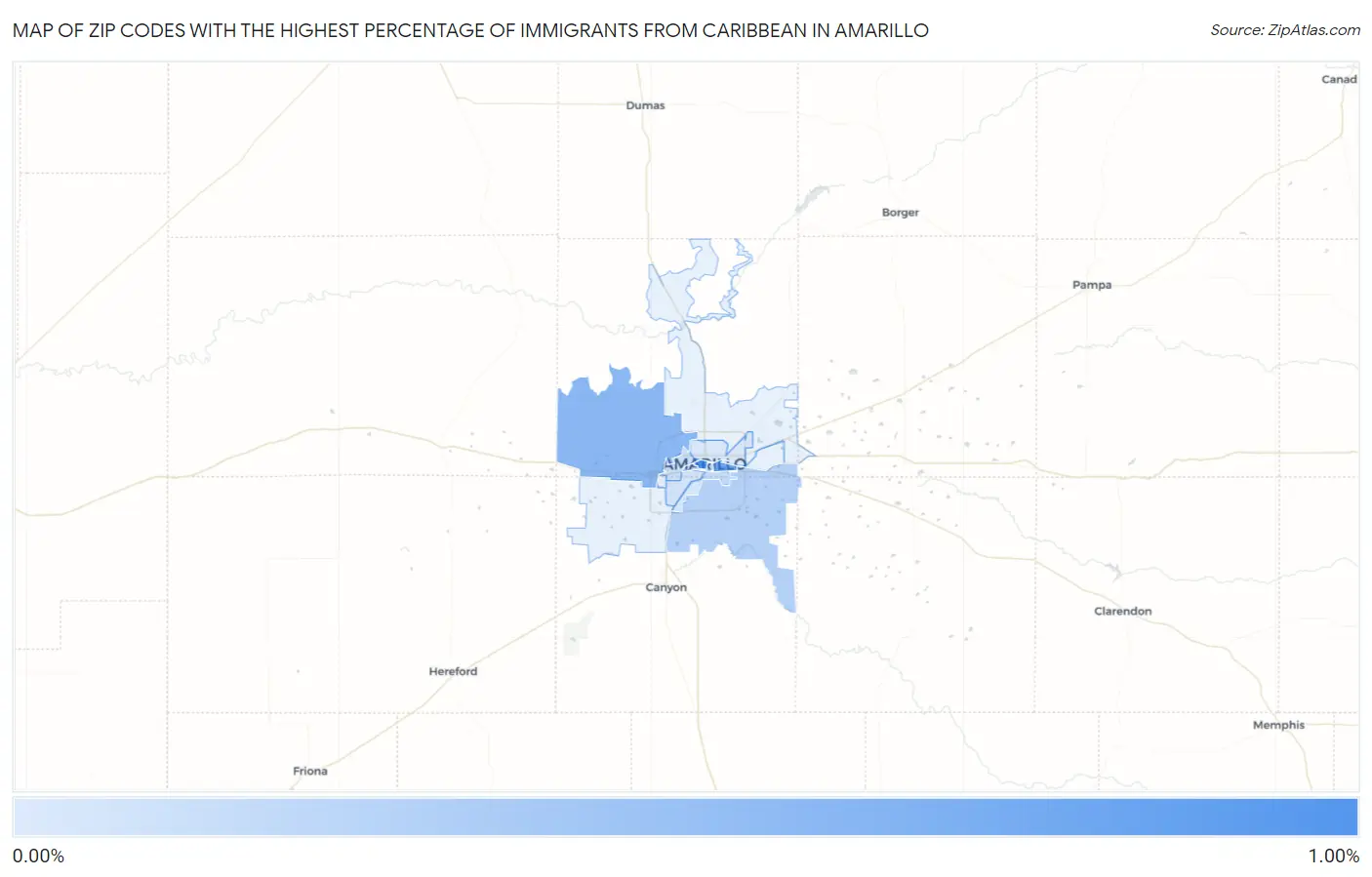 Zip Codes with the Highest Percentage of Immigrants from Caribbean in Amarillo Map