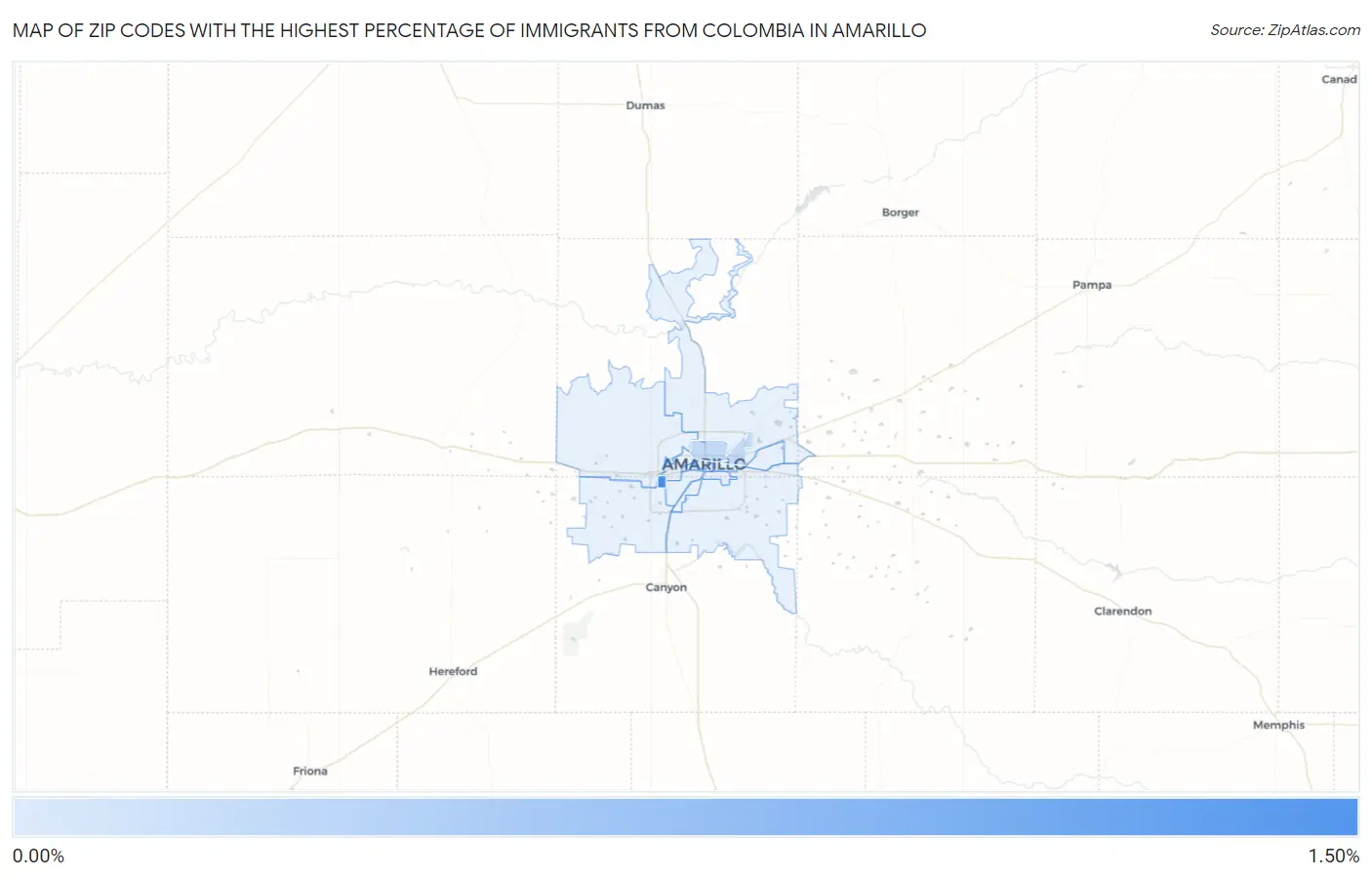 Zip Codes with the Highest Percentage of Immigrants from Colombia in Amarillo Map