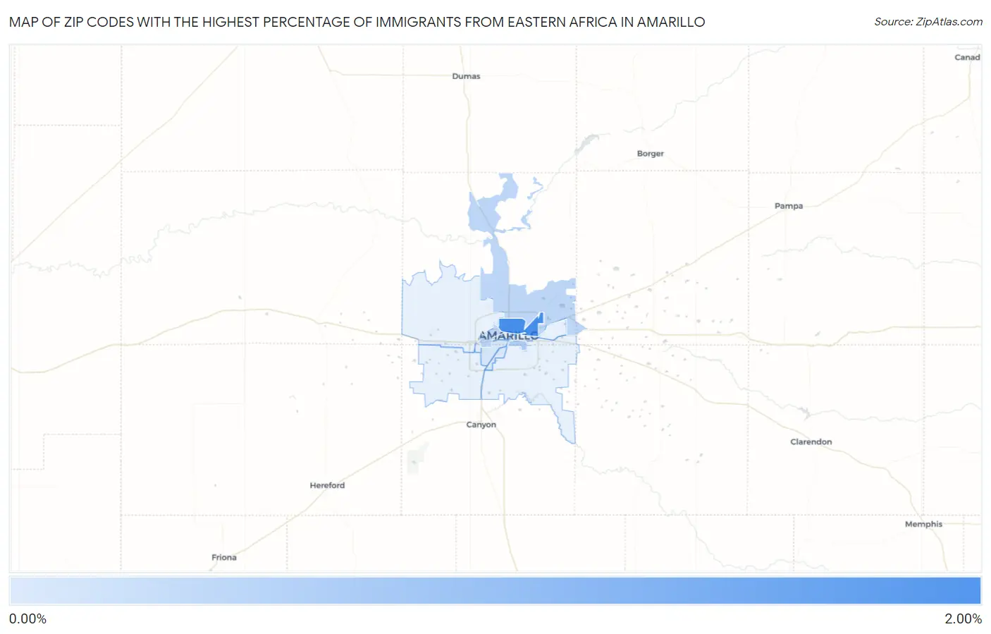 Zip Codes with the Highest Percentage of Immigrants from Eastern Africa in Amarillo Map