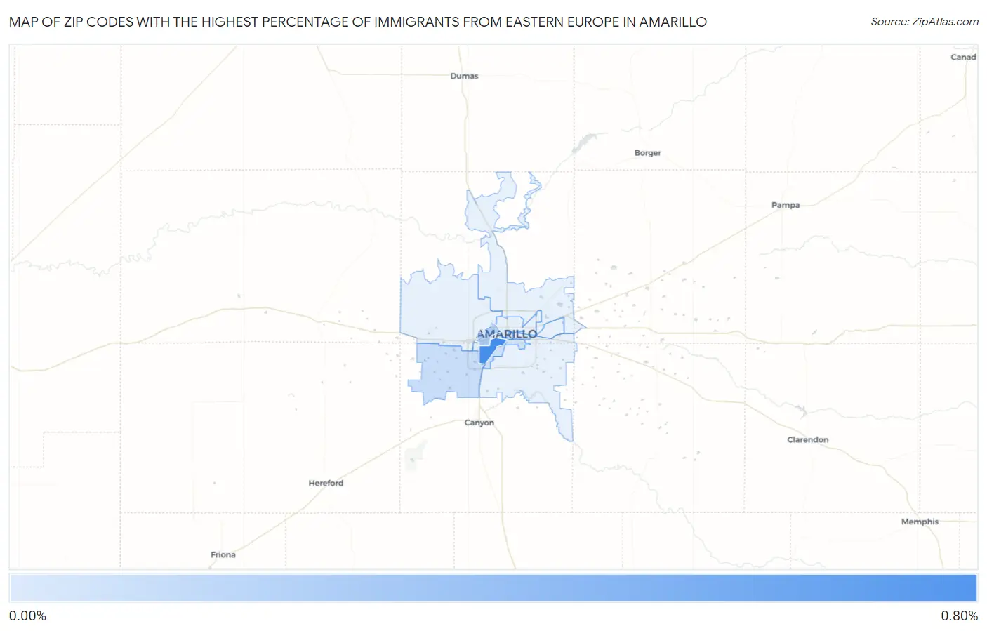 Zip Codes with the Highest Percentage of Immigrants from Eastern Europe in Amarillo Map